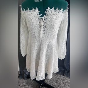 White Off the Shoulder Lace Dress with Corset Tie Front